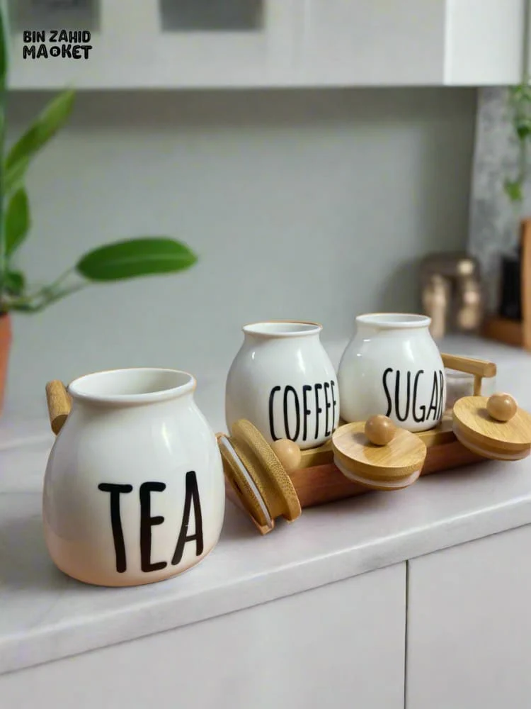 CERAMIC JAR SET – COFFEE TEA & SUGAR CONTAINERS WITH BAMBOO LIDS PERFECT FOR KITCHEN COUNTER ORGANIZATION SET OF 3 - Image 2