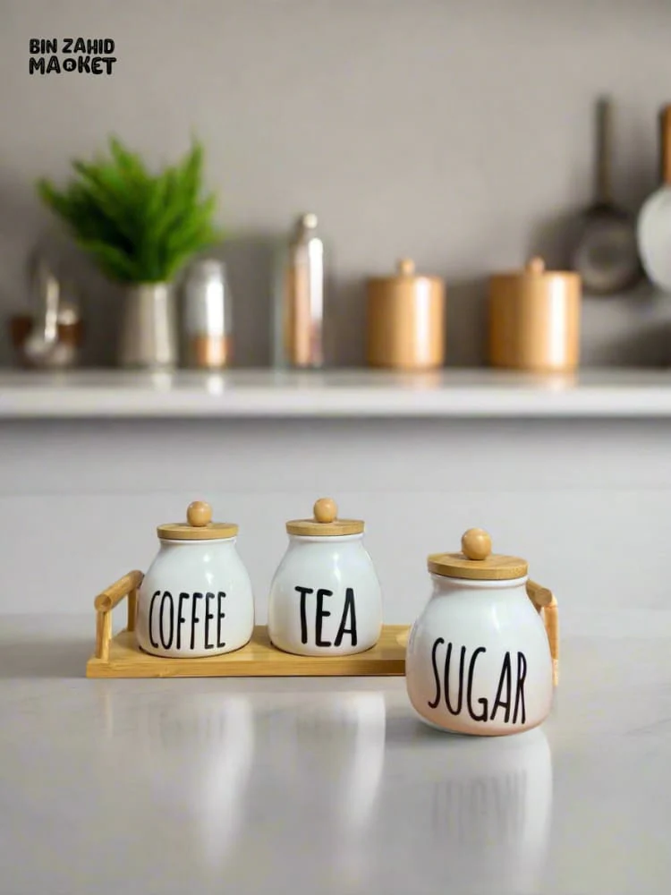 CERAMIC JAR SET – COFFEE TEA & SUGAR CONTAINERS WITH BAMBOO LIDS PERFECT FOR KITCHEN COUNTER ORGANIZATION SET OF 3 - Image 3