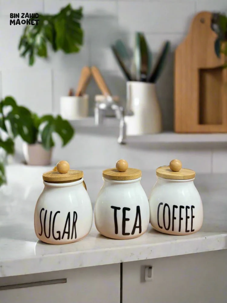 CERAMIC JAR SET – COFFEE TEA & SUGAR CONTAINERS WITH BAMBOO LIDS PERFECT FOR KITCHEN COUNTER ORGANIZATION SET OF 3 - Image 4