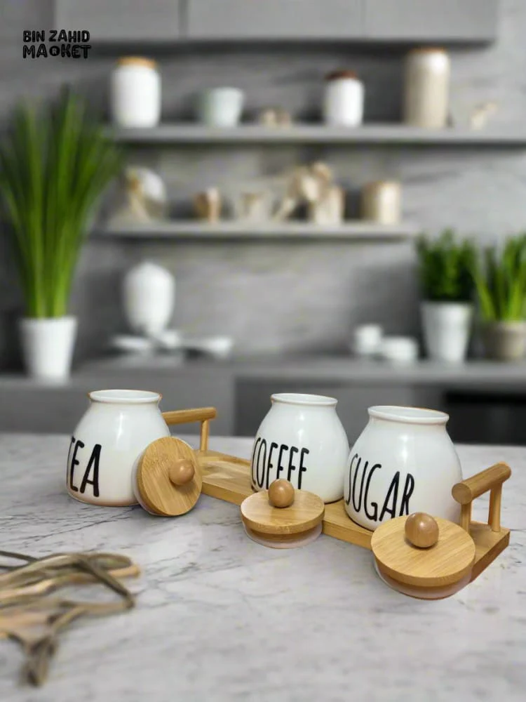 CERAMIC JAR SET – COFFEE TEA & SUGAR CONTAINERS WITH BAMBOO LIDS PERFECT FOR KITCHEN COUNTER ORGANIZATION SET OF 3 - Image 5