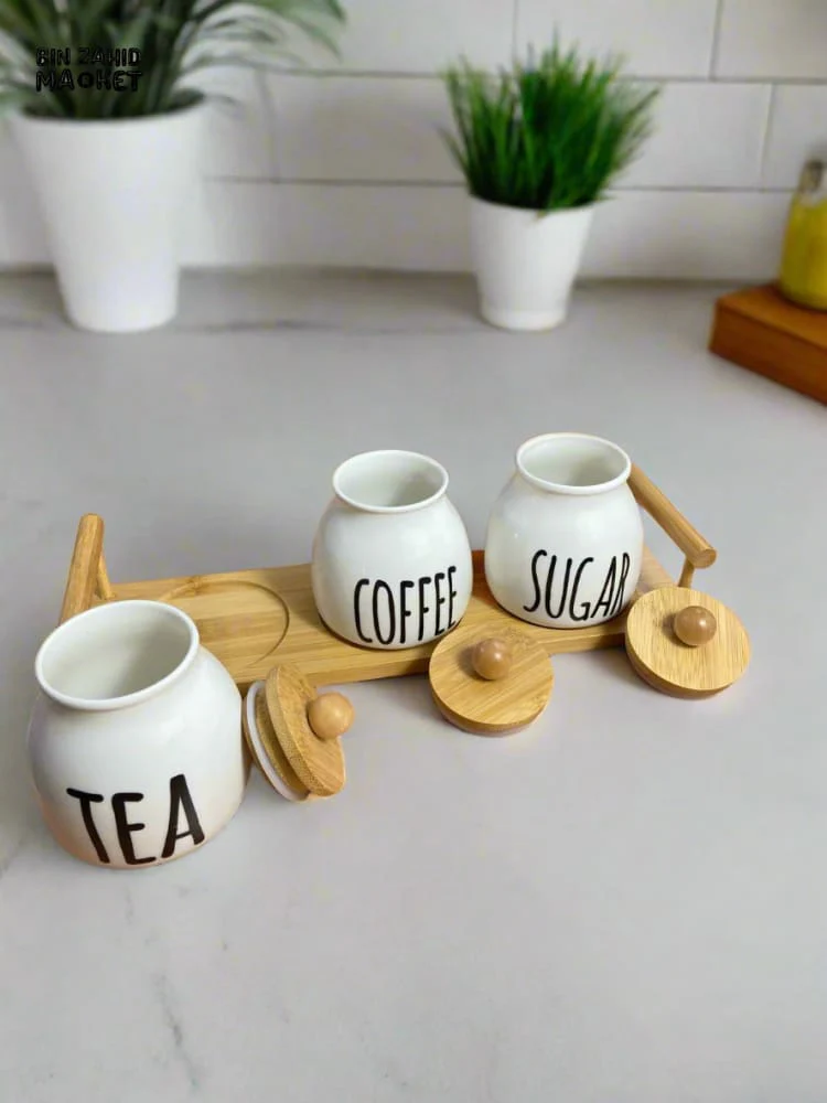 CERAMIC JAR SET – COFFEE TEA & SUGAR CONTAINERS WITH BAMBOO LIDS PERFECT FOR KITCHEN COUNTER ORGANIZATION SET OF 3 - Image 6