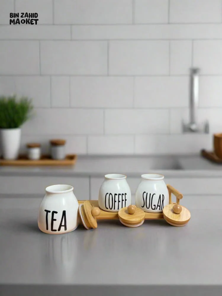 CERAMIC JAR SET – COFFEE TEA & SUGAR CONTAINERS WITH BAMBOO LIDS PERFECT FOR KITCHEN COUNTER ORGANIZATION SET OF 3 - Image 7