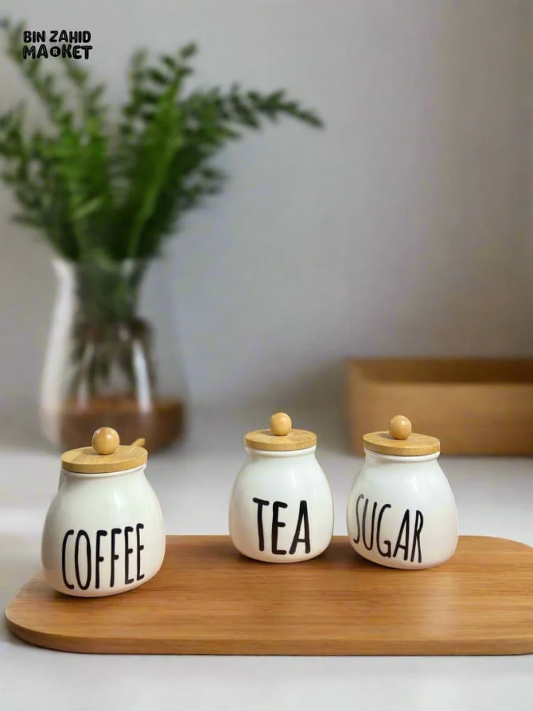 CERAMIC JAR SET – COFFEE TEA & SUGAR CONTAINERS WITH BAMBOO LIDS PERFECT FOR KITCHEN COUNTER ORGANIZATION SET OF 3 - Image 8