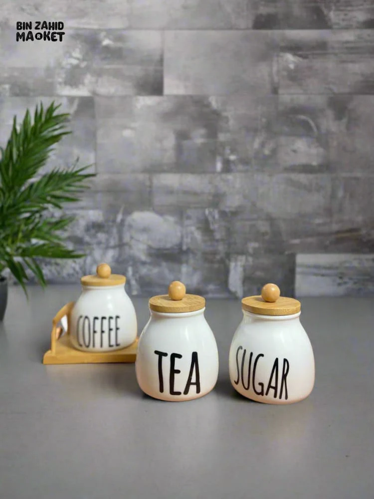 CERAMIC JAR SET – COFFEE TEA & SUGAR CONTAINERS WITH BAMBOO LIDS PERFECT FOR KITCHEN COUNTER ORGANIZATION SET OF 3 - Image 9