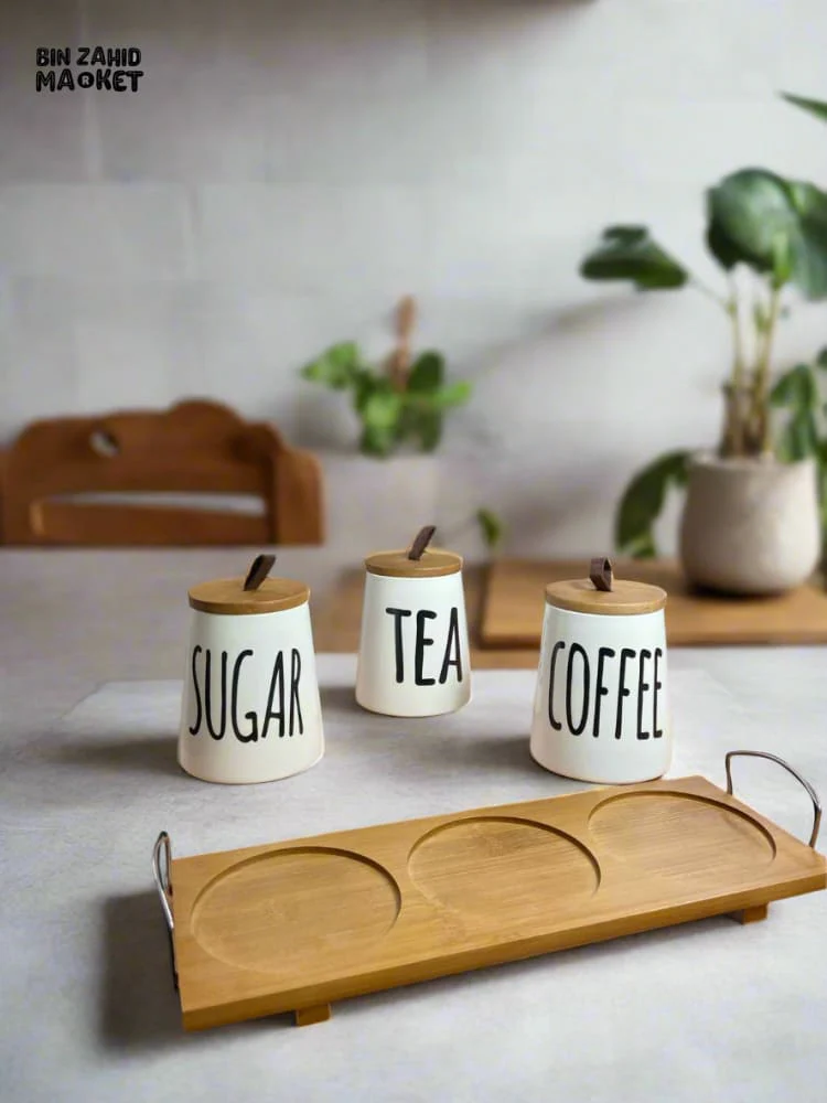 CERAMIC JAR SET – SUGAR COFFEE & TEA WITH WOODEN LIDS & TRAY 3 PIECES SET - Image 2