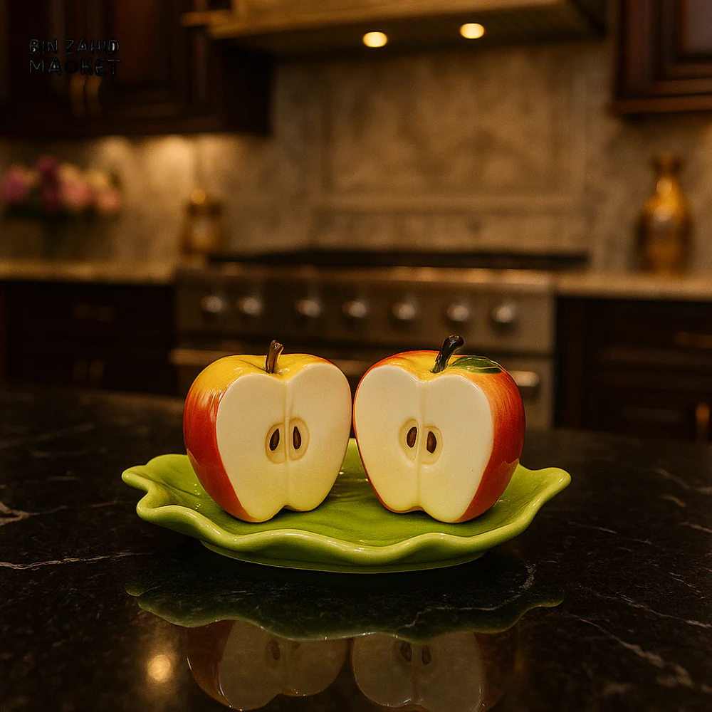 CERAMIC SALT & PEPPER SHAKER SET WITH LEAF TRAY - APPLE YM11