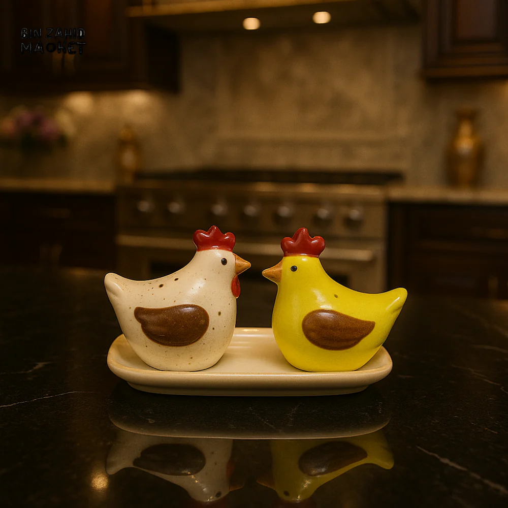 CERAMIC SALT & PEPPER SHAKER SET WITH LEAF TRAY - HENS KM16011
