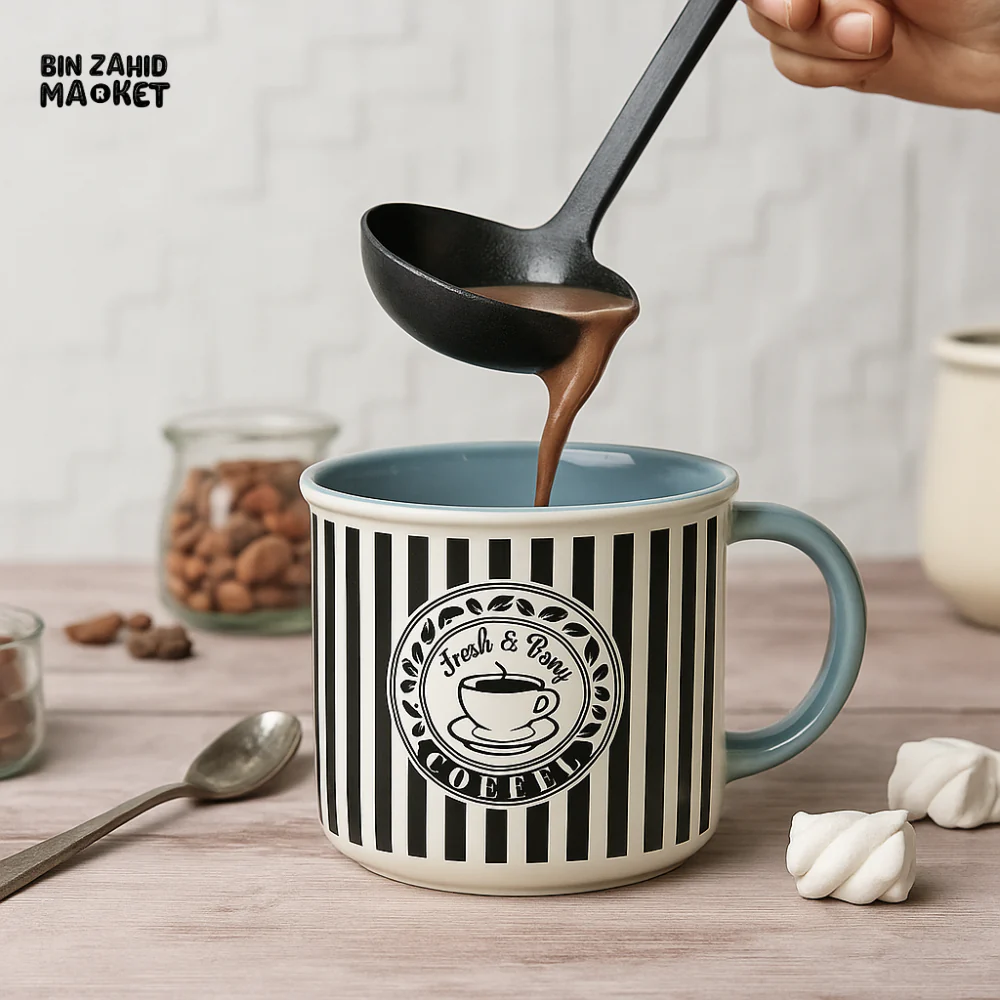 CERAMIC STRIPED COFFEE MUG – VINTAGE BLACK & WHITE DESIGN WITH BLUE HANDLE FRESH & TASTY PRINT