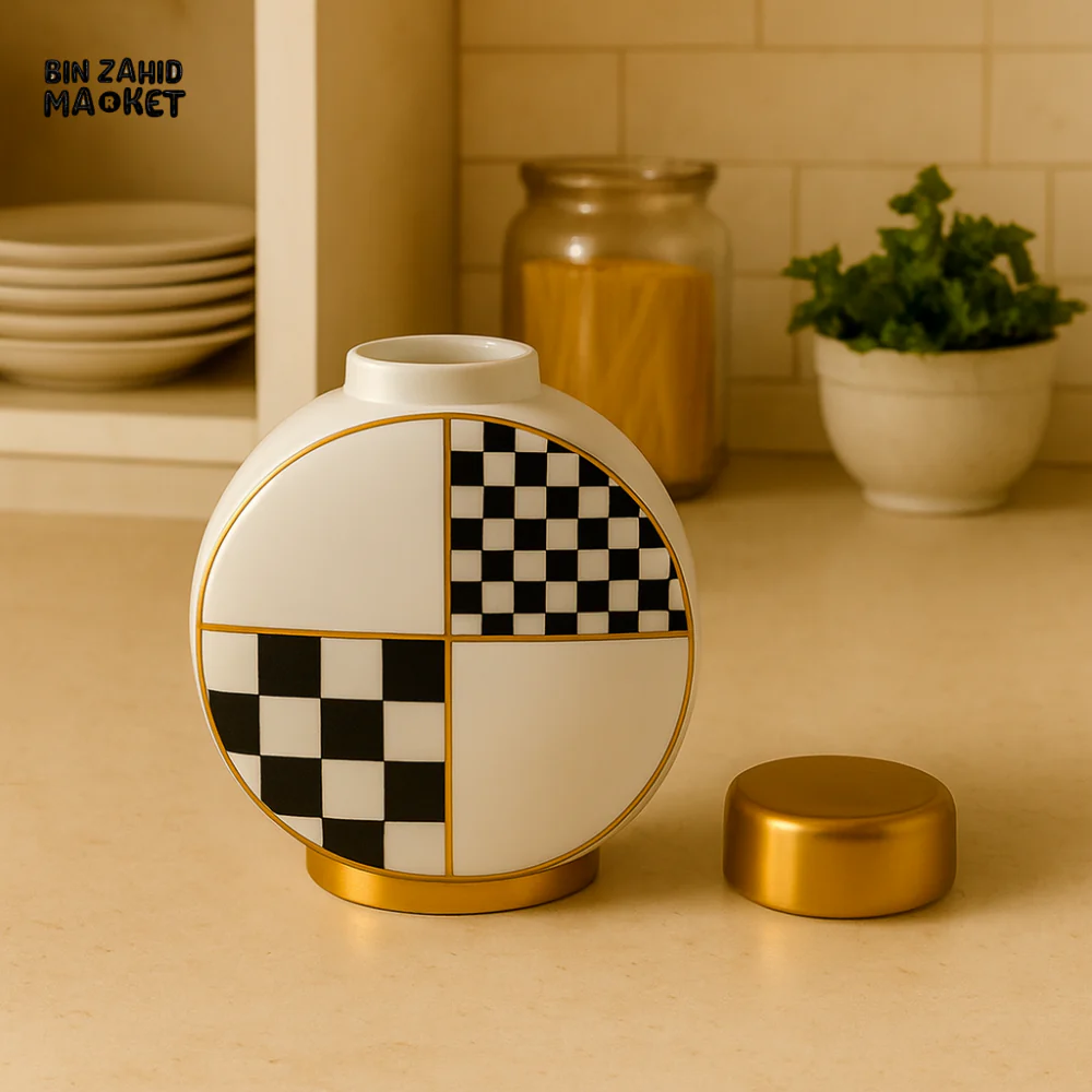 CHECKERED CERAMIC VASE CANDY JAR WITH GOLD ACCENTS | MODERN ROUND DECOR PIECE YC-098 - Image 2
