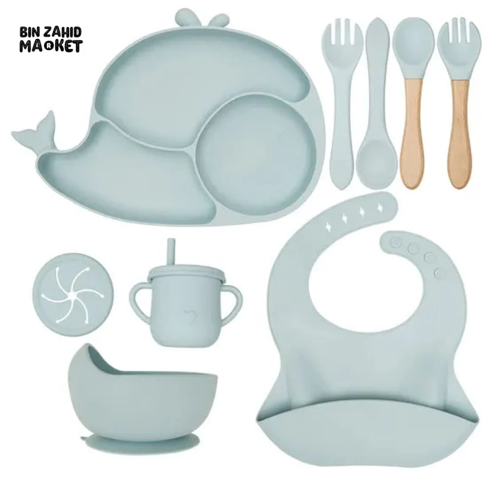 CHILDSHOPPE SILICONE BABY 8IN1 TABLEWARE FEEDING SET - BLUE WHALE