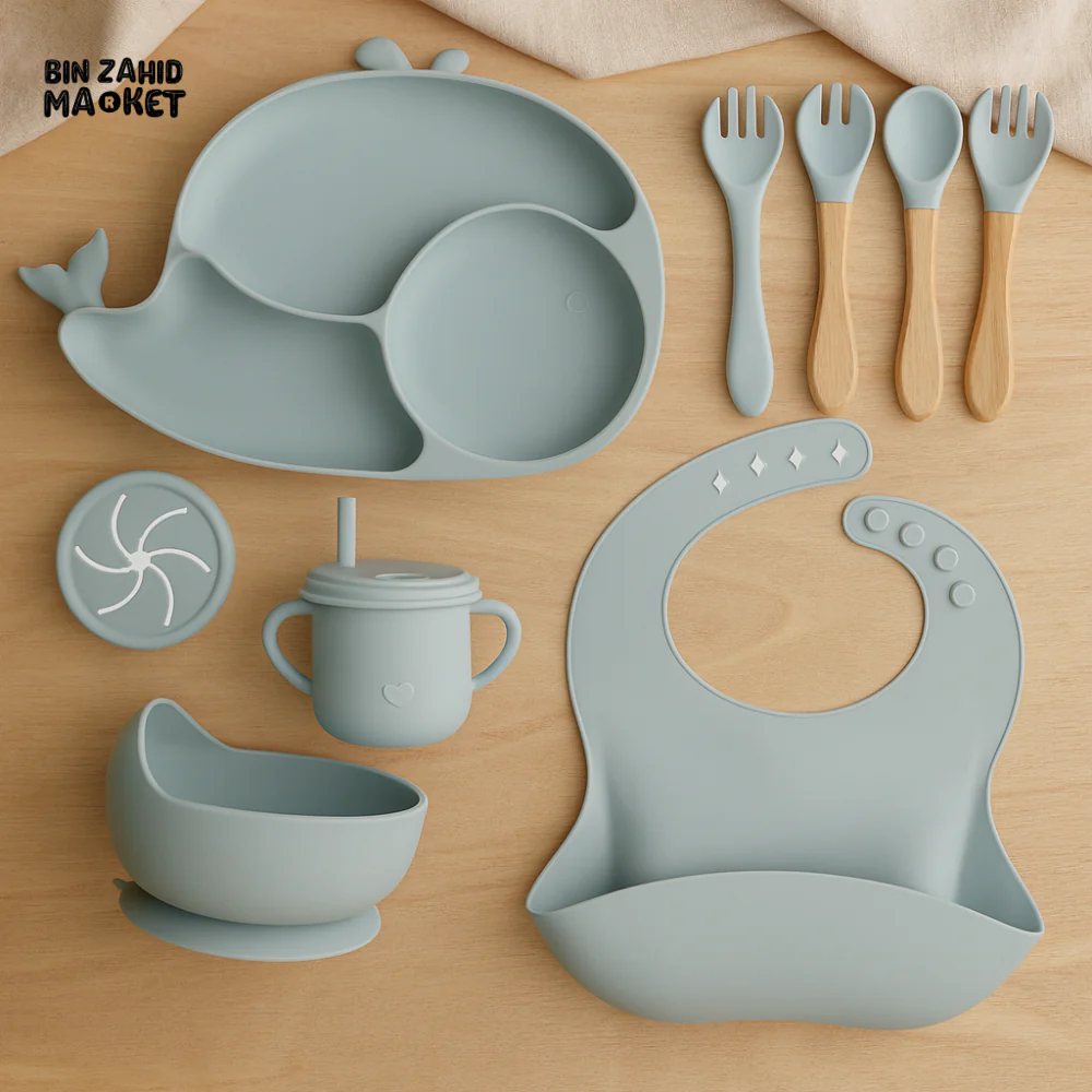CHILDSHOPPE SILICONE BABY 8IN1 TABLEWARE FEEDING SET - BLUE WHALE - Image 2