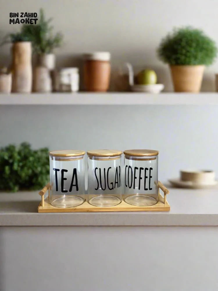 CLEAR GLASS JARS WITH BAMBOO LIDS LABELED FOR TEA SUGAR AND COFFEE — PERFECT FOR AN ORGANIZED AND MODERN KITCHEN LOOK - ROUND SHAPE - Image 2
