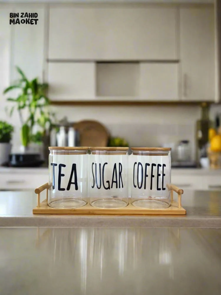 CLEAR GLASS JARS WITH BAMBOO LIDS LABELED FOR TEA SUGAR AND COFFEE — PERFECT FOR AN ORGANIZED AND MODERN KITCHEN LOOK - ROUND SHAPE - Image 3
