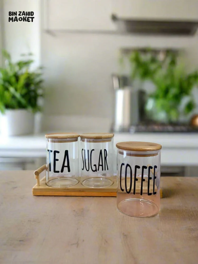 CLEAR GLASS JARS WITH BAMBOO LIDS LABELED FOR TEA SUGAR AND COFFEE — PERFECT FOR AN ORGANIZED AND MODERN KITCHEN LOOK - ROUND SHAPE - Image 4
