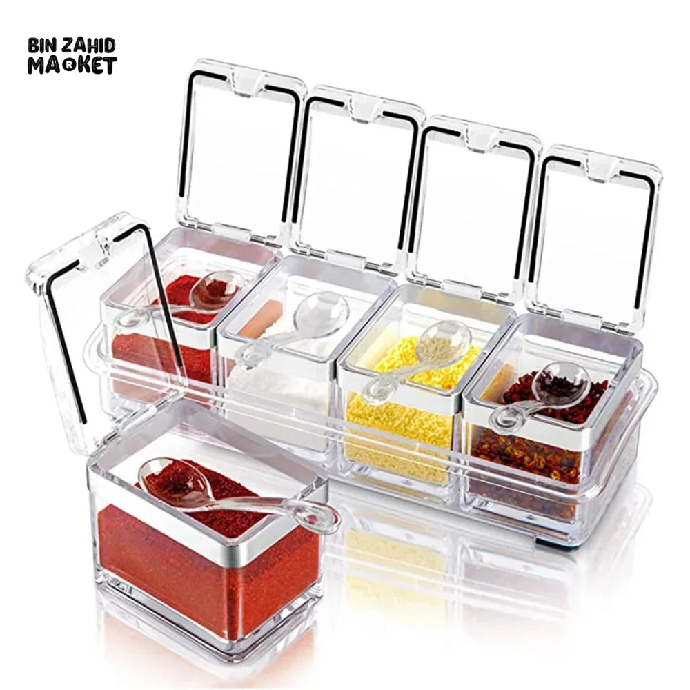 CLEAR SEASONING BOX SET OF 4 CRYSTAL STORAGE CONTAINER WITH SPOON SPICE RACK FOR PEPPER - Image 3