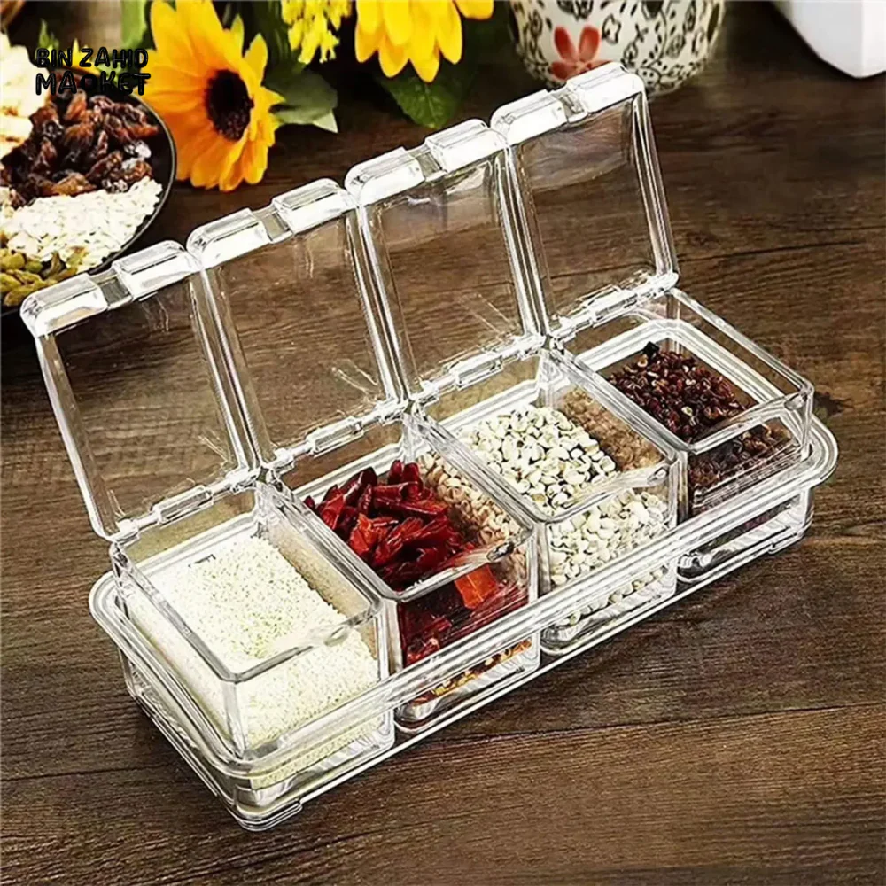 CLEAR SEASONING BOX SET OF 4 CRYSTAL STORAGE CONTAINER WITH SPOON SPICE RACK FOR PEPPER - Image 4