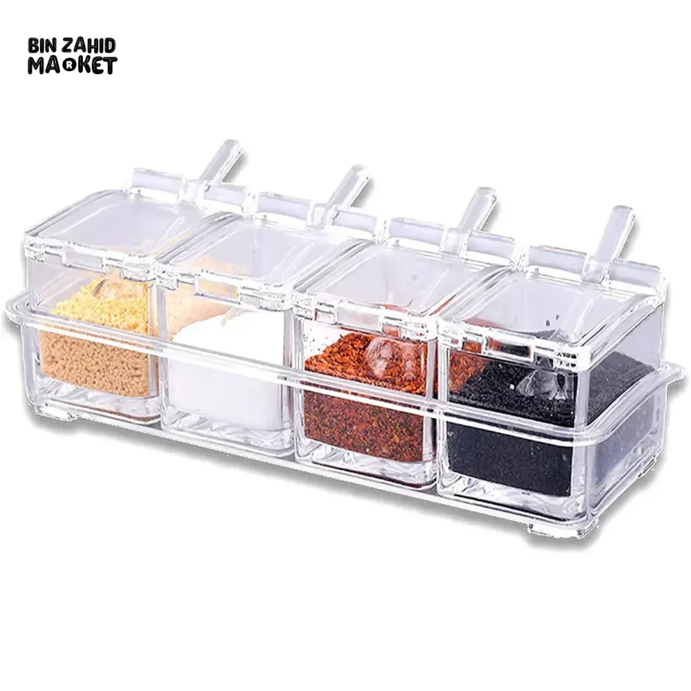 CLEAR SEASONING BOX SET OF 4 CRYSTAL STORAGE CONTAINER WITH SPOON SPICE RACK FOR PEPPER - Image 5