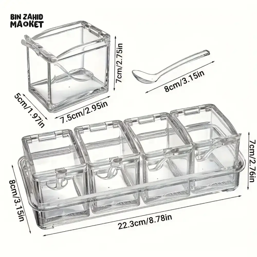 CLEAR SEASONING BOX SET OF 4 CRYSTAL STORAGE CONTAINER WITH SPOON SPICE RACK FOR PEPPER - Image 6