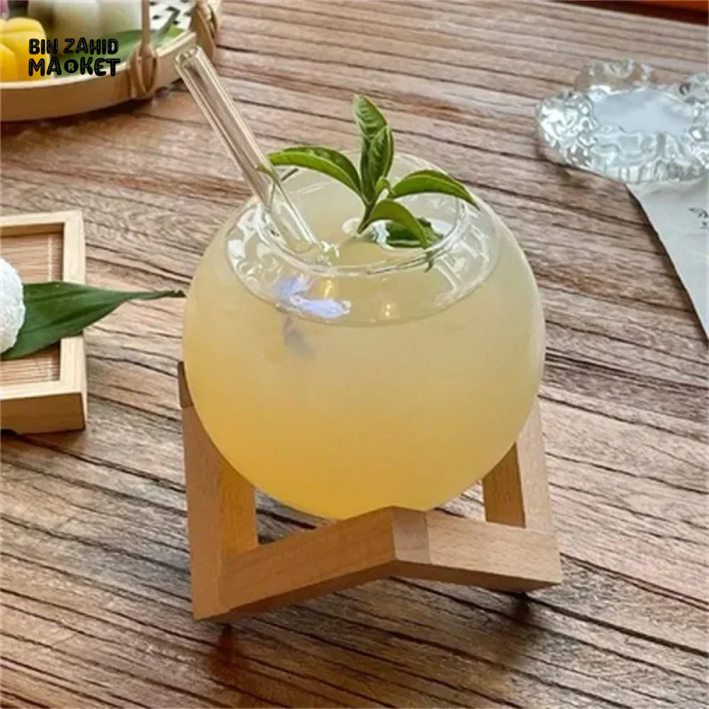 COCKTAIL GLASS CUP WITH WOOD STAND – ROUND BALL TUMBLER BAR GLASSWARE - Image 3