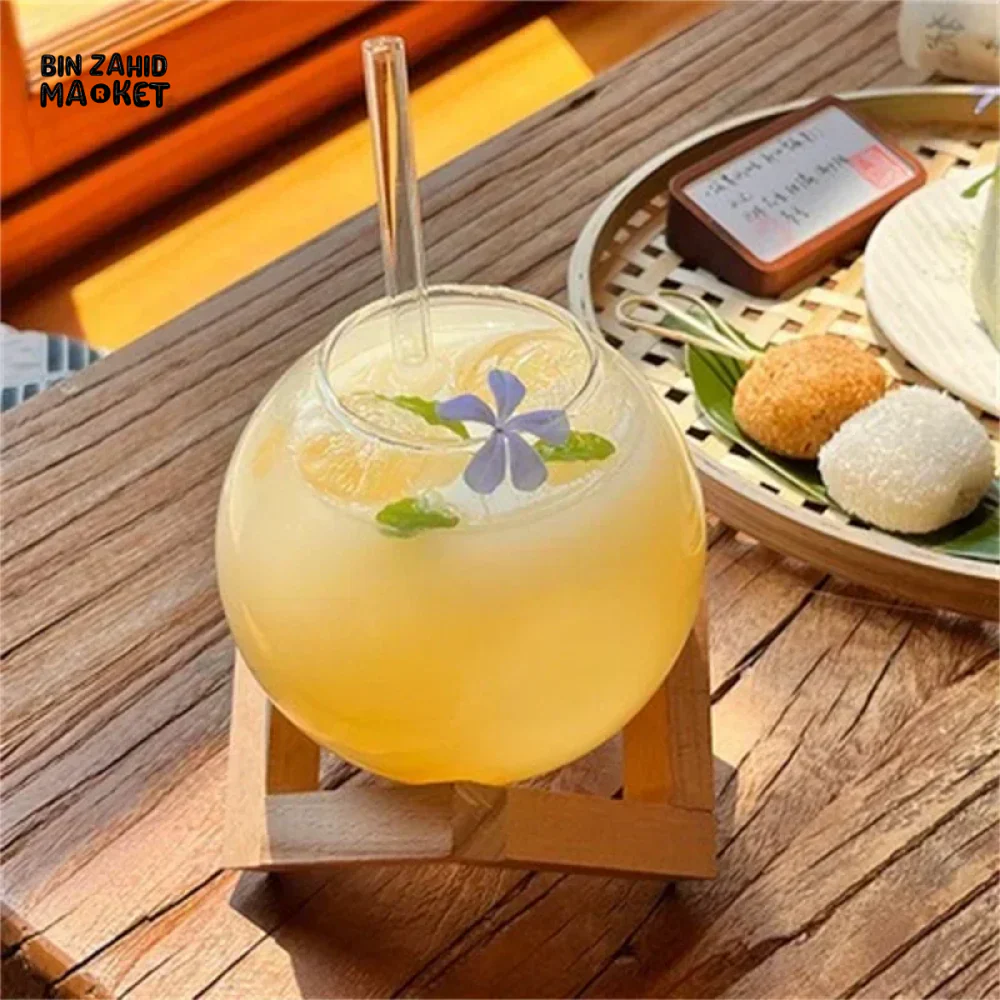COCKTAIL GLASS CUP WITH WOOD STAND – ROUND BALL TUMBLER BAR GLASSWARE - Image 4