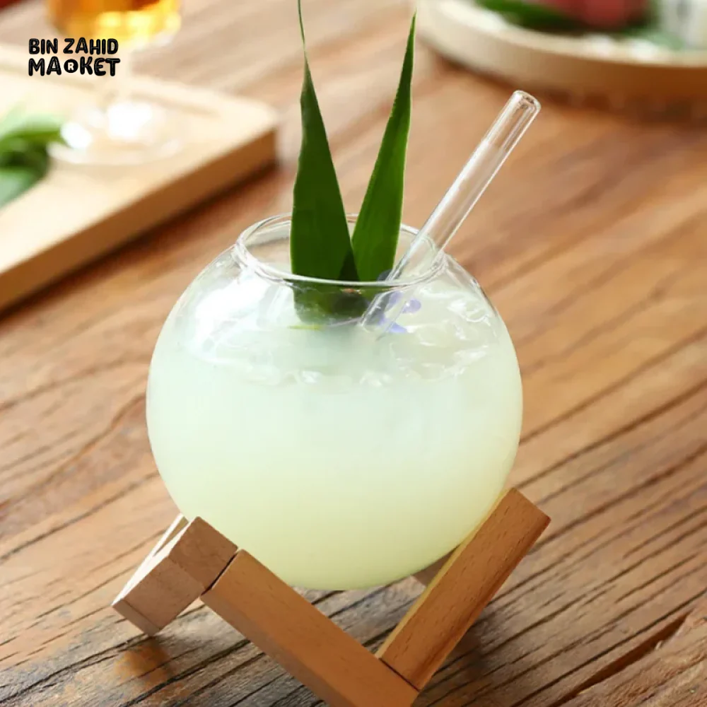 COCKTAIL GLASS CUP WITH WOOD STAND – ROUND BALL TUMBLER BAR GLASSWARE - Image 5
