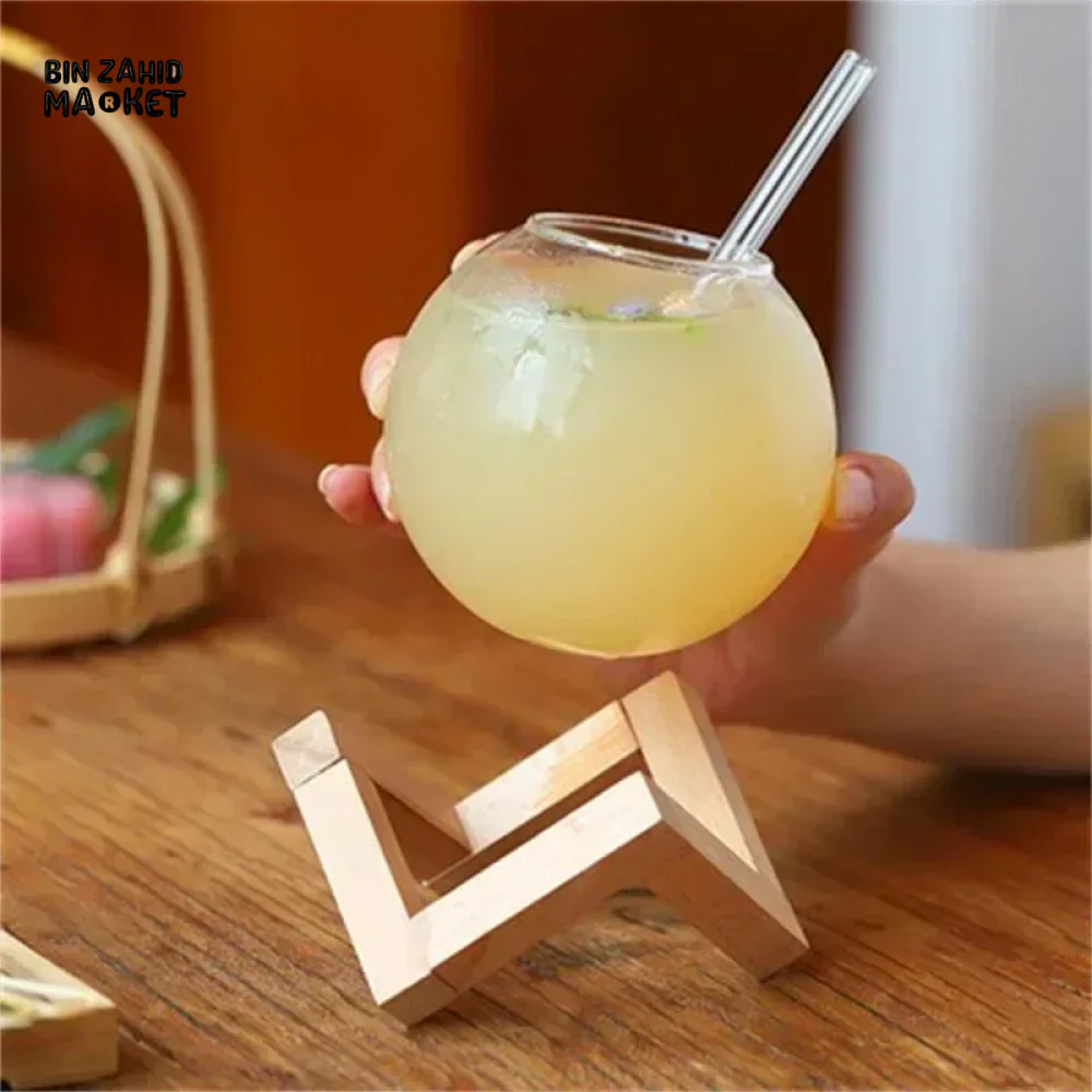 COCKTAIL GLASS CUP WITH WOOD STAND – ROUND BALL TUMBLER BAR GLASSWARE - Image 6