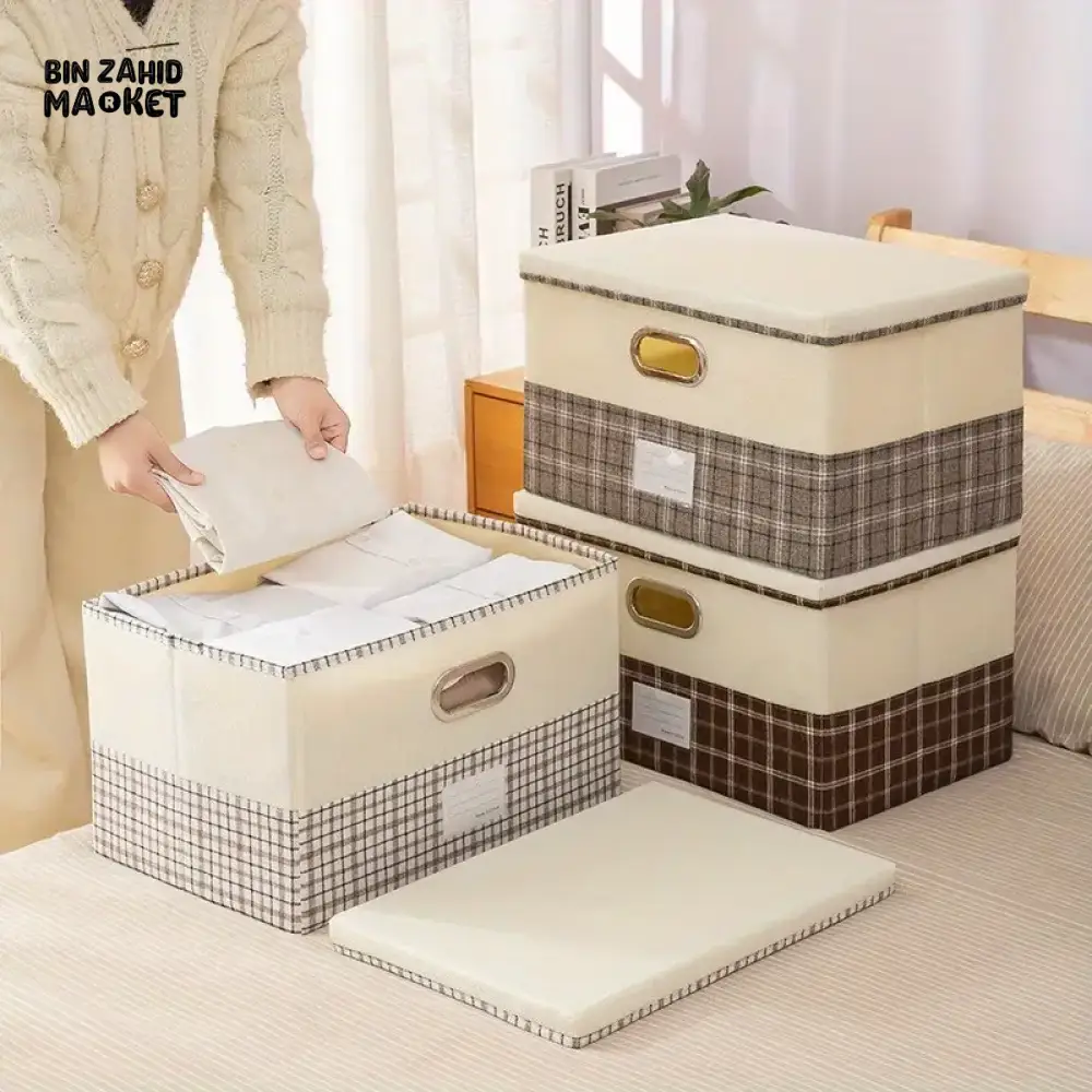 COLLAPSIBLE LINEN STORAGE BOX WITH LID & HANDLES – MULTI-PURPOSE PLAID FABRIC ORGANIZER FOR CLOTHES, TOYS & BOOKS - Image 2