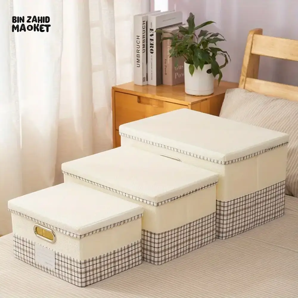 COLLAPSIBLE LINEN STORAGE BOX WITH LID & HANDLES – MULTI-PURPOSE PLAID FABRIC ORGANIZER FOR CLOTHES, TOYS & BOOKS - Image 6