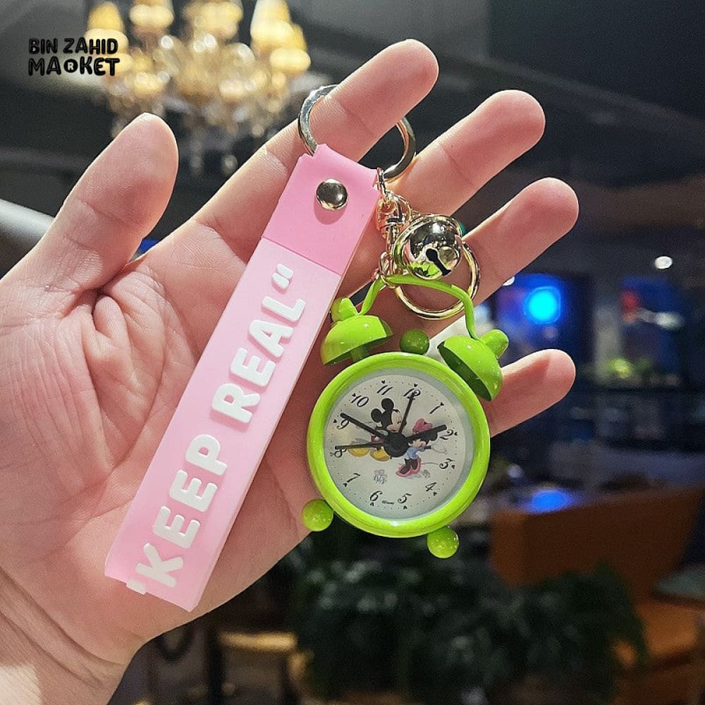 COLORFUL MINI ALARM CLOCK KEYCHAIN WITH "KEEP REAL" STRAP – CUTE CARTOON DESIGN ACCESSORY - Image 3