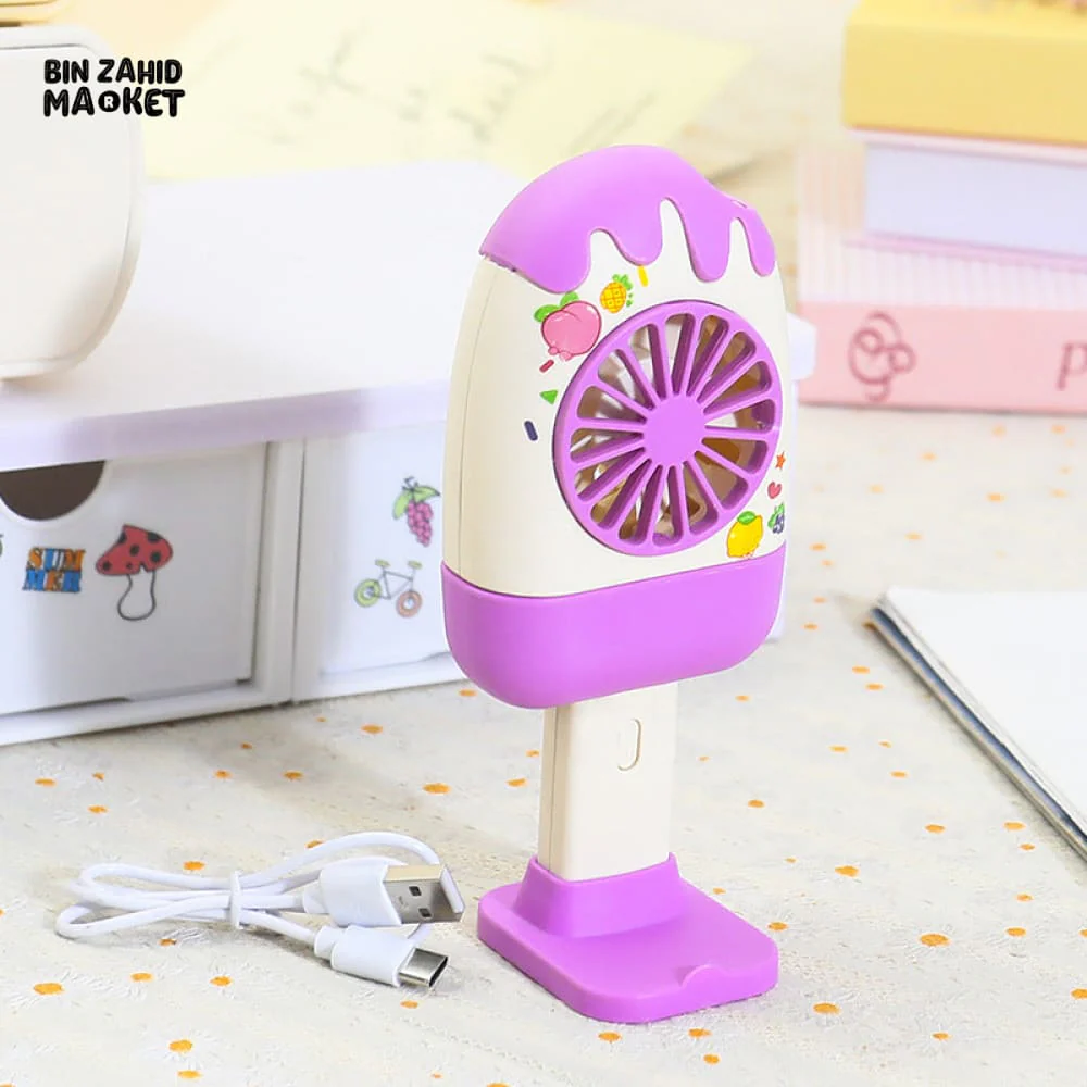 CREATIVE HANDHELD ICE CREAM SHAPE FAN – PORTABLE OUTDOOR COOLING 3-SPEED STRONG WIND RECHARGEABLE DESKTOP STAND FAN - Image 3