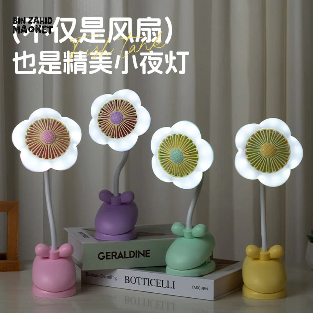 FLOWER CLIP-ON MINI FAN WITH NIGHT LIGHT – USB RECHARGEABLE DESK FAN FOR STUDENTS OFFICE & SUMMER USE - Image 2