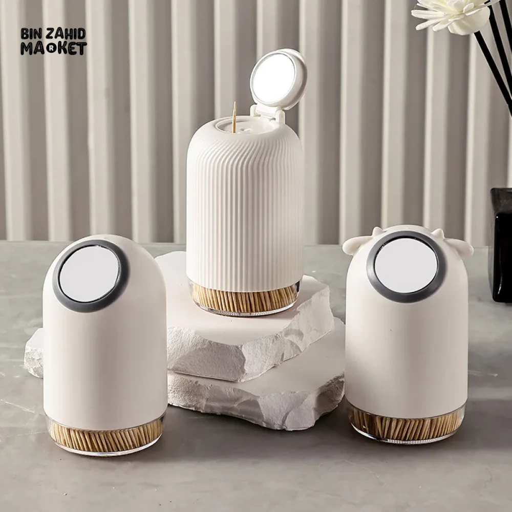 CREATIVE TOOTHPICK HOLDER – PLASTIC DISPENSER WITH SMALL MIRROR & STORAGE