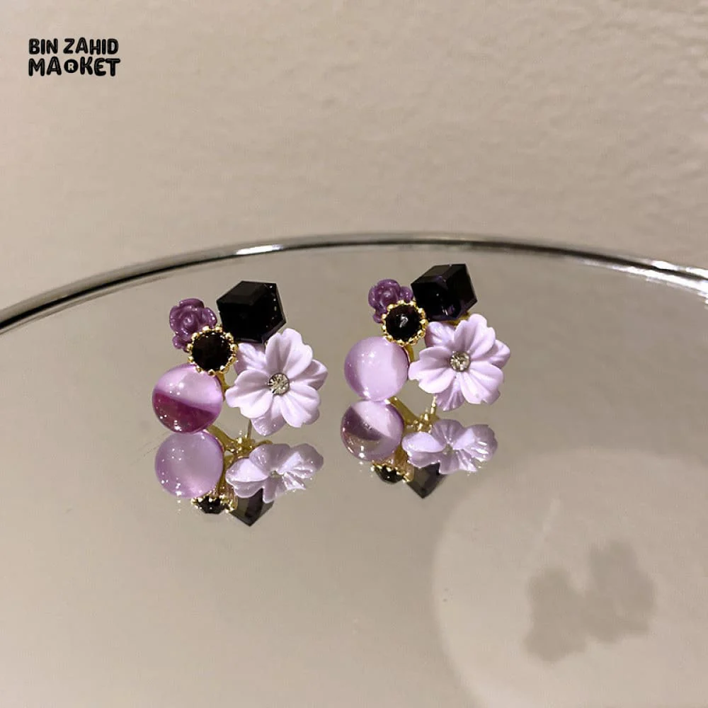 CRYSTAL FLOWER STUD EARRINGS KOREAN STYLE  ELEGANT WOMEN'S JEWELRY - Image 5