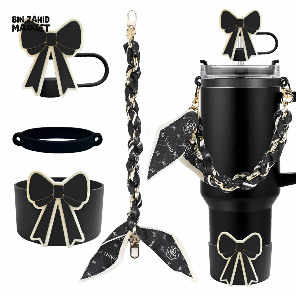 CUTE BOW THERMOS CUP ACCESSORY SET – STRAW COVER SILICONE BAND CHAIN & SCARF DECOR - BLACK