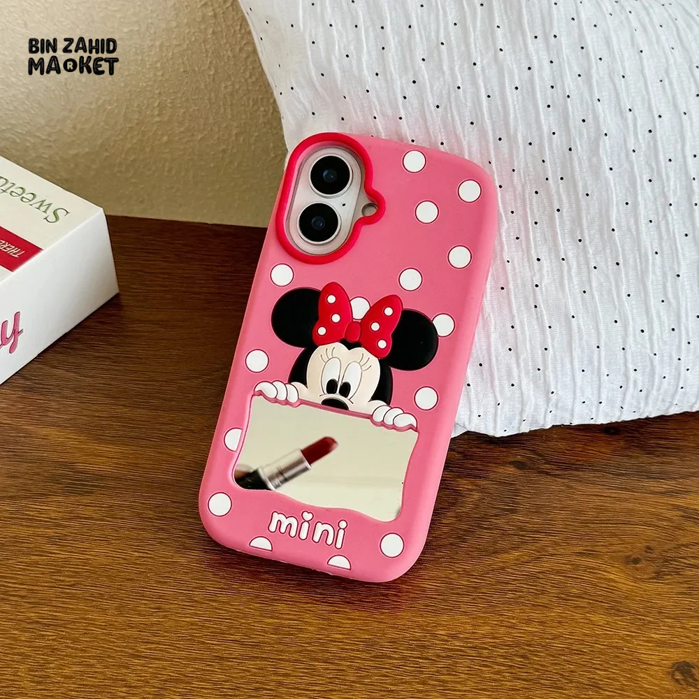CUTE CARTOON POLKA DOT MICKEY & MINNIE MOUSE SILICONE CASE  WITH MAKEUP MIRROR COVER - MINNIE - Image 3