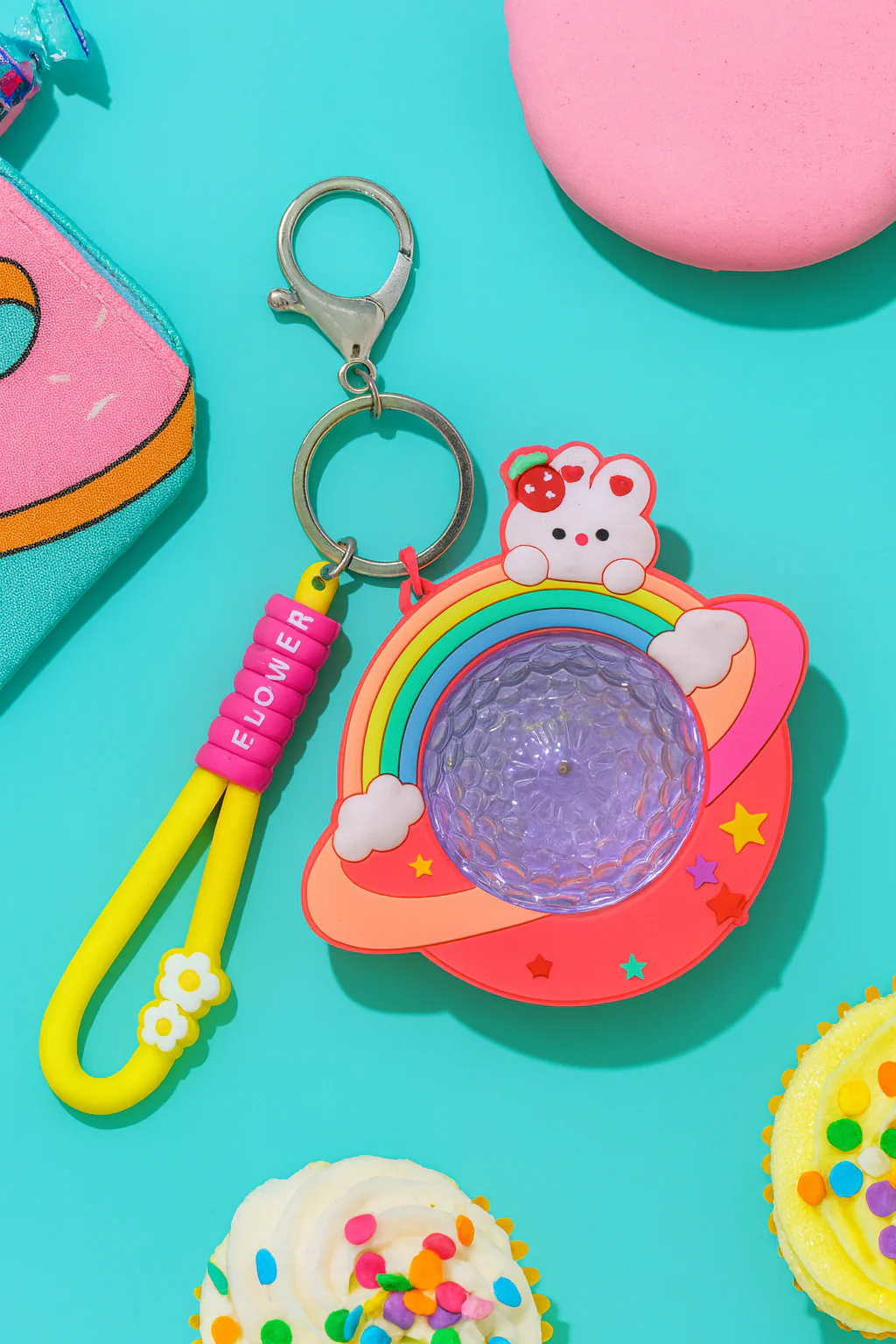 CUTE PLANET SHAKER KEYCHAIN WITH FLOWER LOOP STRAP – AESTHETIC BAG CHARM - Image 2