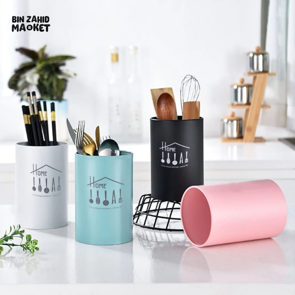 METAL CYLINDER CUTLERY STORAGE CONTAINER – KITCHEN UTENSIL ORGANIZER & TABLEWARE STORAGE RACK FOR HOME AND DINING USE
