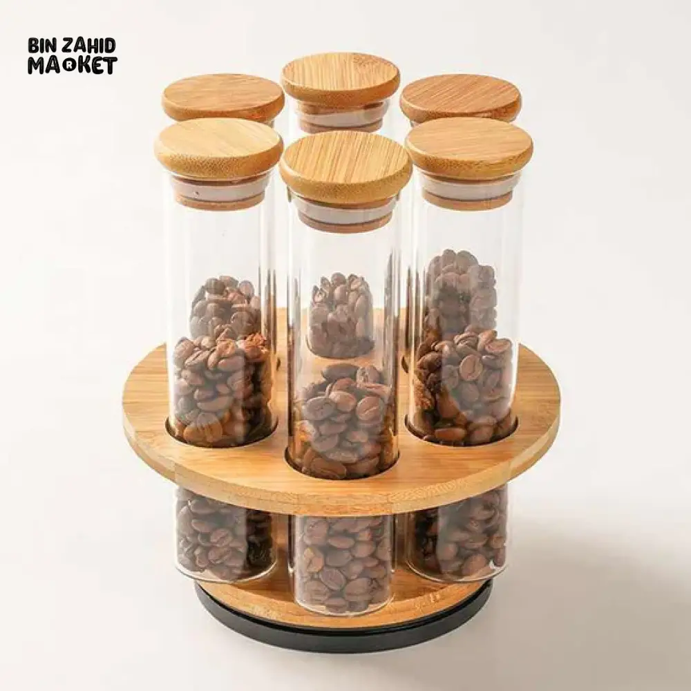 CYLINDER SHAPE GLASS JARS WITH WOODEN STANDTRANSPARENT STORAGE CONTAINERS FOR KITCHEN & PANTRY ORGANIZATION - Image 2