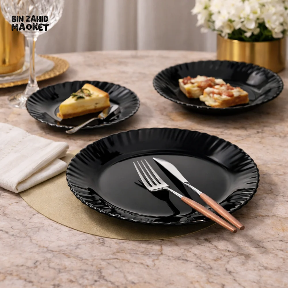 DANNY HOME 18 PIECE BLACK OPAL GLASS DINNER SET – LUXURY DINING TABLEWARE SET DINNER PLATE, SOUP PLATE & DESSERT PLATE - BLXP18