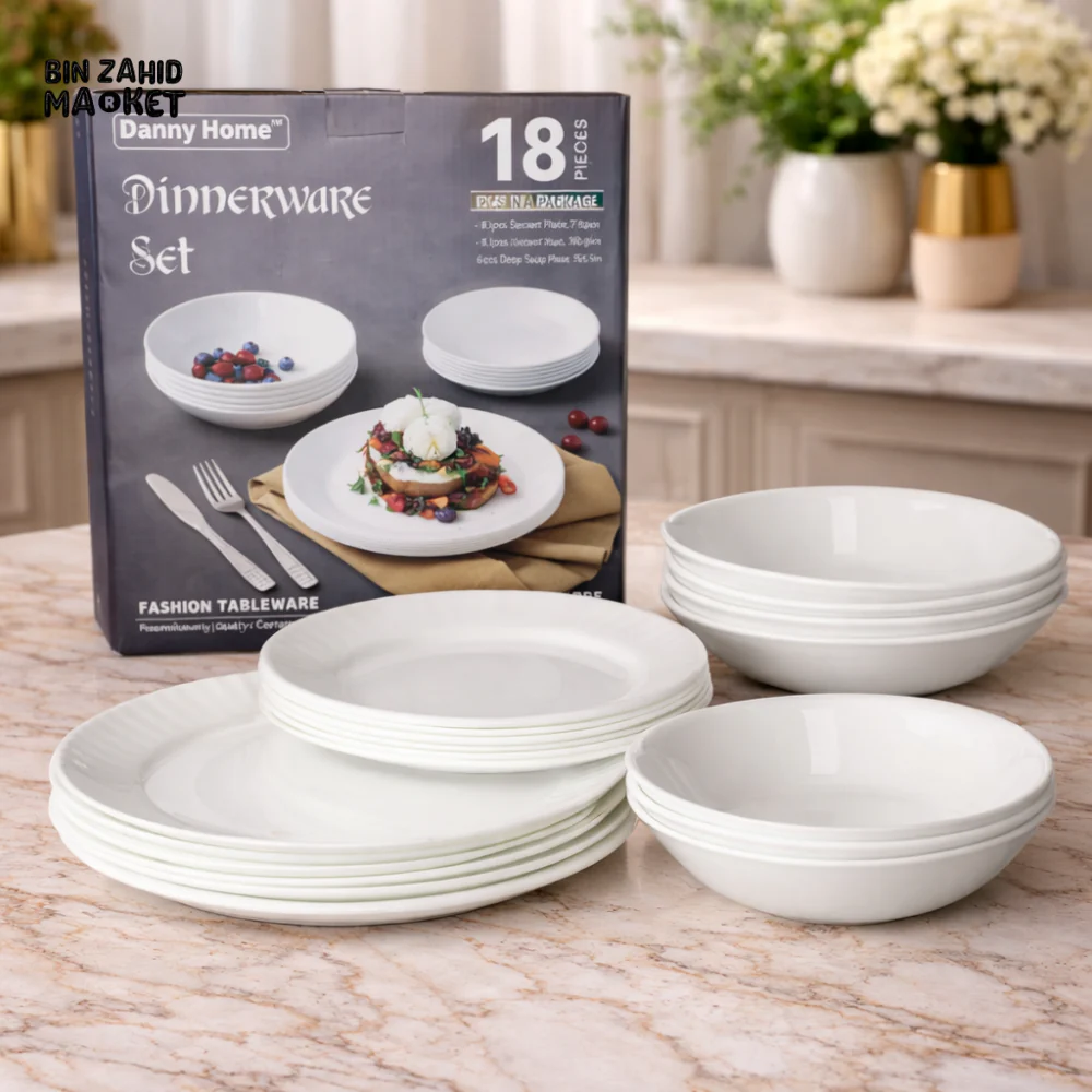 DANNY HOME 18 PIECE WHITE PORCELAIN DINNERWARE SET – DINNER, SOUP & DESSERT PLATES LUXURY TABLEWARE SET FOR ELEGANT DINING - LML18W