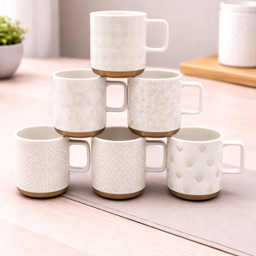 DANNY HOME 400ML LUXURY EMBOSSED WHITE & GOLD COFFEE & TEA CUPS -T01-79