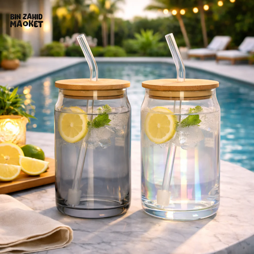 DANNY HOME 500ML CLEAR GLASS CAN CUP SET WITH BAMBOO LID & GLASS STRAW -CB-180
