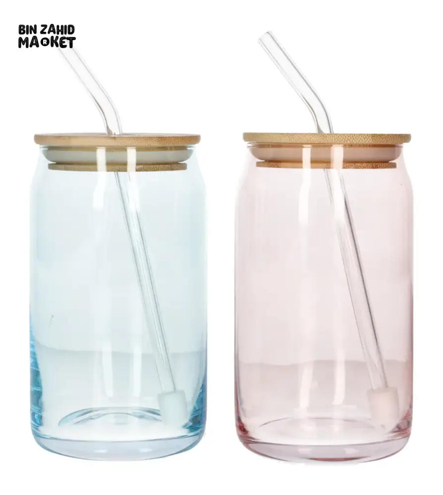 DANNY HOME 500ML GLASS CAN CUP SET 2 PIECE WITH BAMBOO LID & GLASS STRAW - CB-179 - Image 2
