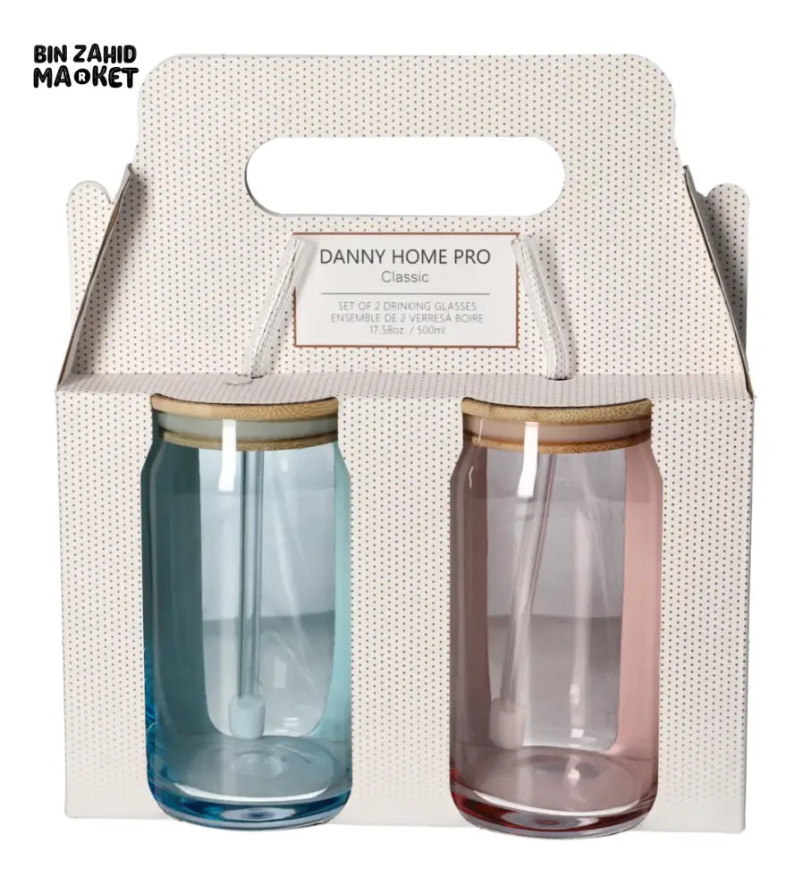 DANNY HOME 500ML GLASS CAN CUP SET 2 PIECE WITH BAMBOO LID & GLASS STRAW - CB-179 - Image 3