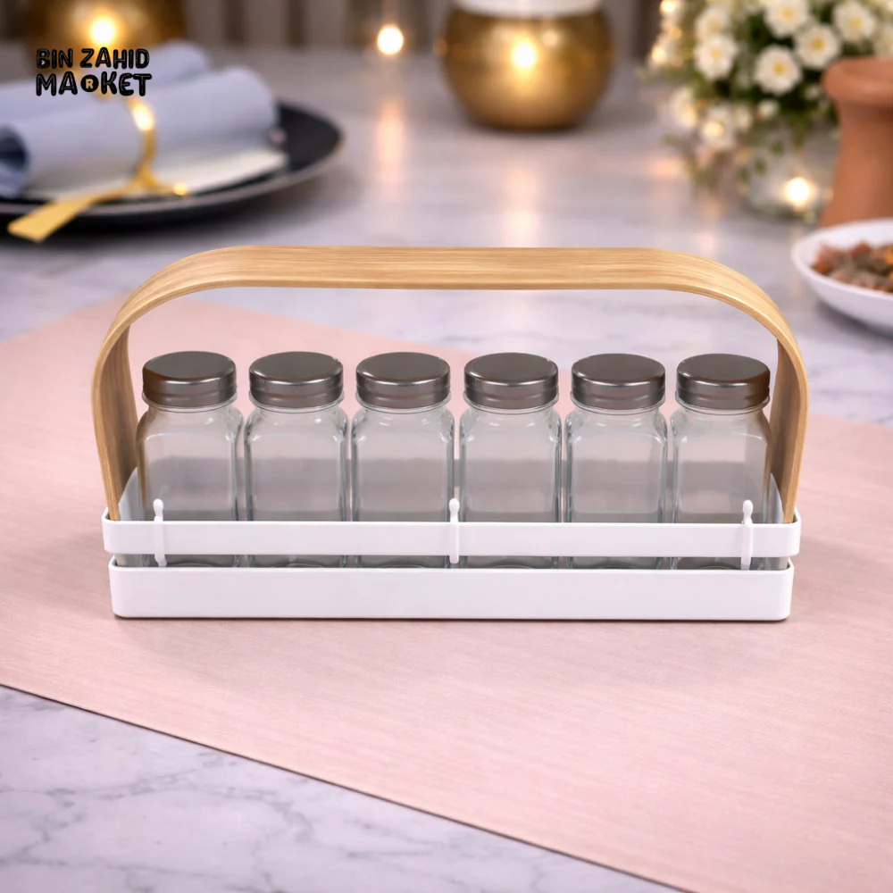 DANNY HOME 6-PIECE GLASS SPICE JAR SET WITH BAMBOO HANDLE CADDY -SG005-1