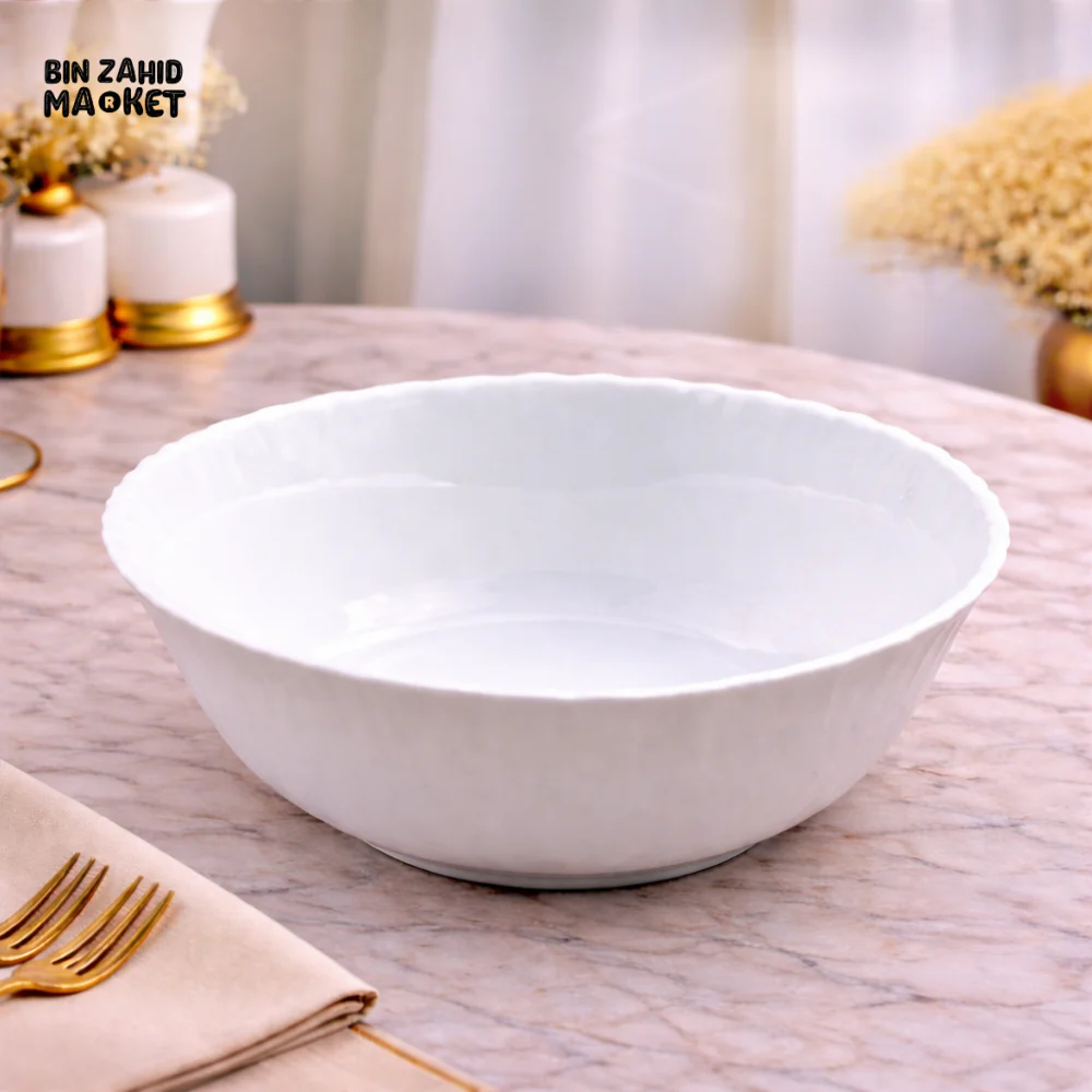 DANNY HOME 9 INCH WHITE CERAMIC SERVING BOWL – LARGE PORCELAIN SALAD & MIXING BOWL FOR LUXURY DINING TABLE SETTING - LHKW90