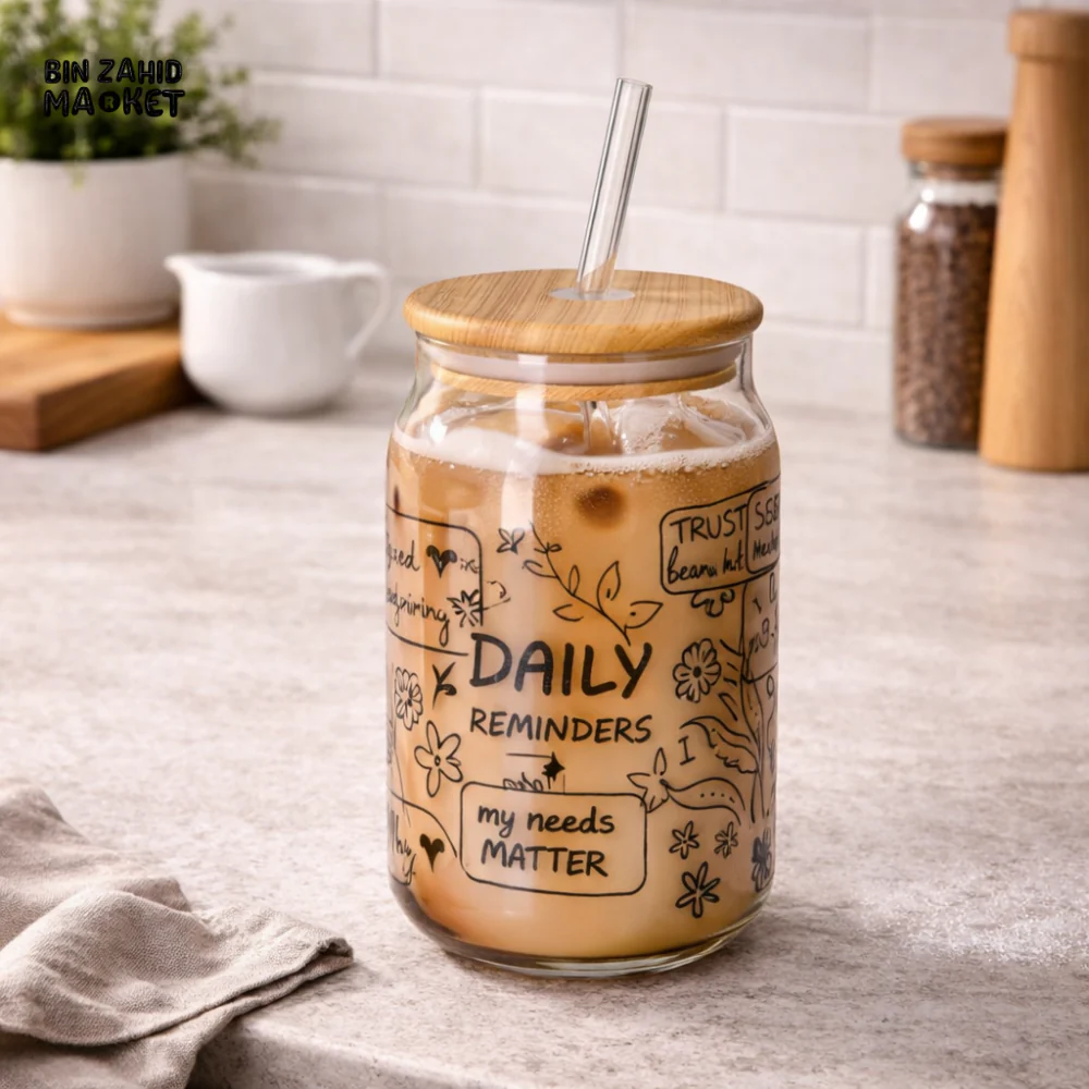 DANNY HOME DAILY REMINDERS GLASS DRINKING JAR WITH BAMBOO LID & GLASS STRAW – 480ML MOTIVATIONAL MASON CUP FOR COFFEE & JUICE - CBB-34-2