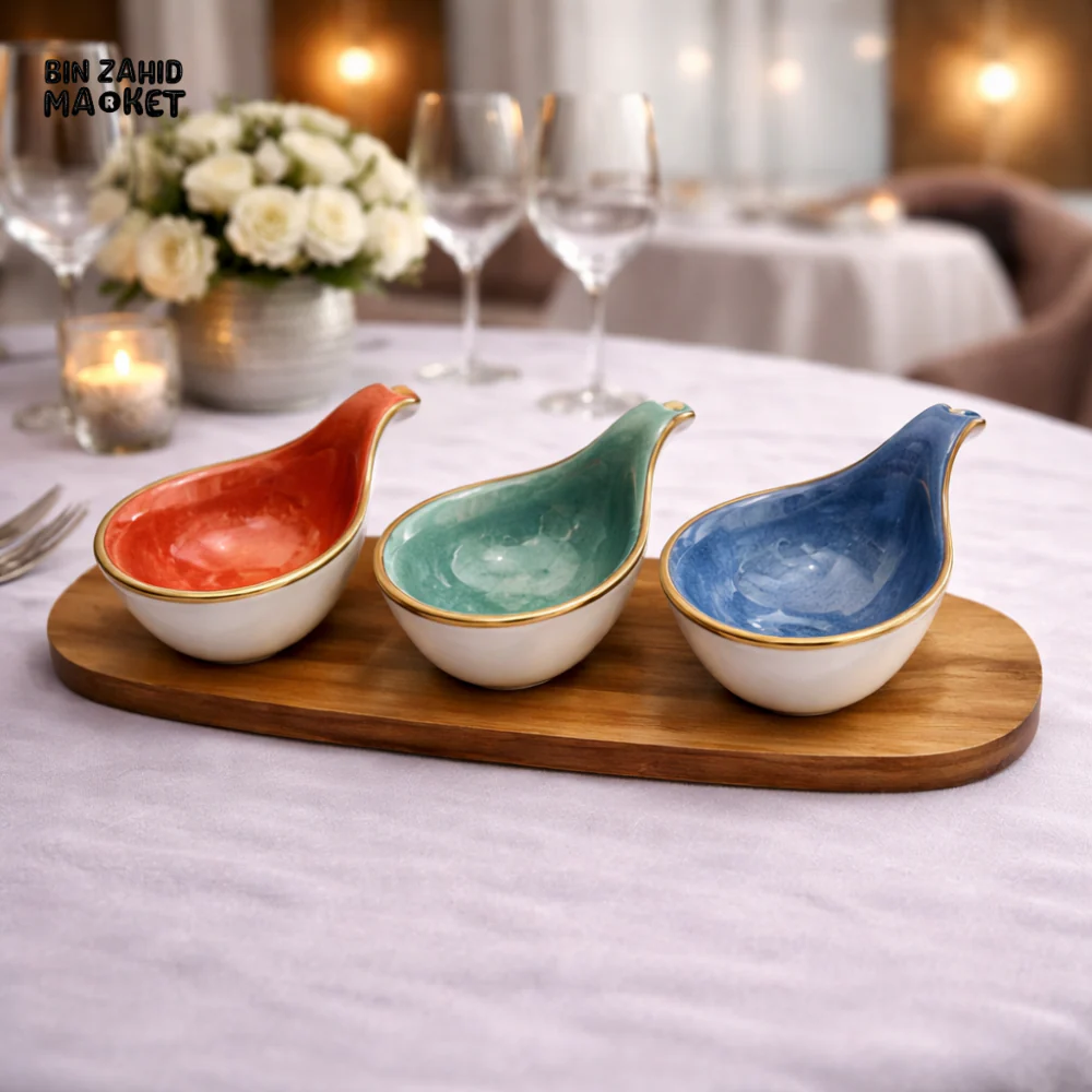 DANNY HOME LUXURY 4 PIECE LEAF CERAMIC DESSERT SET WITH WOODEN TRAY - CZT21-61 - Image 2