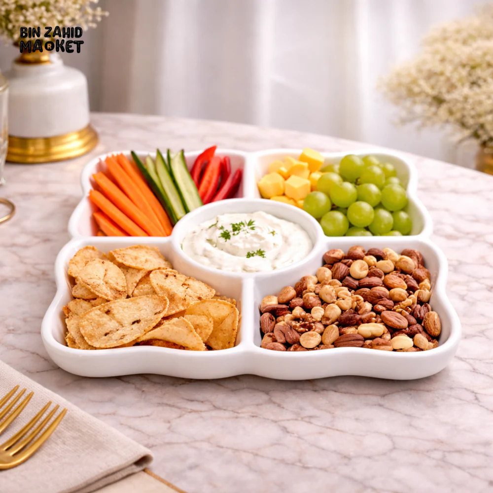 DANNY HOME WHITE CERAMIC 5-COMPARTMENT SERVING PLATTER WITH CENTER DIP BOWL – ELEGANT SECTIONAL SNACK & APPETIZER TRAY FOR LUXURY DINING TABLE - FWGP75