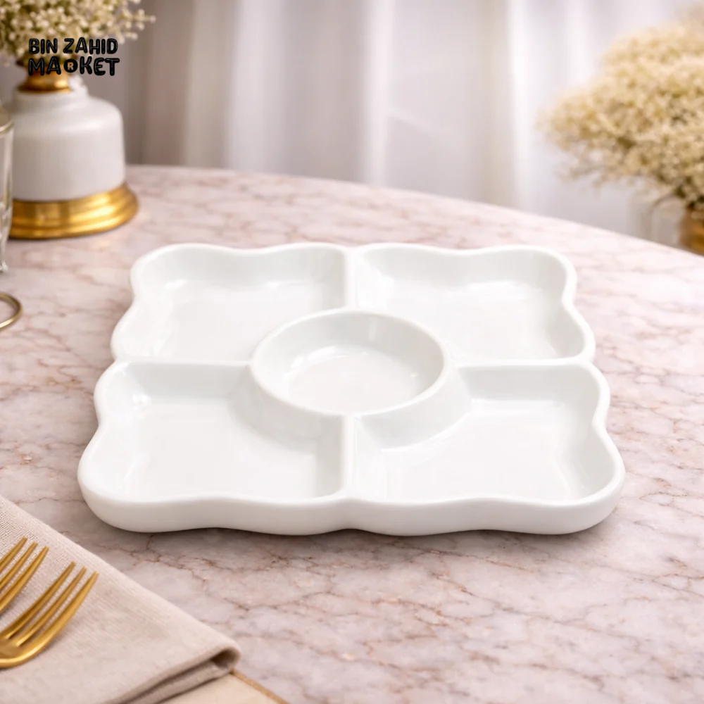 DANNY HOME WHITE CERAMIC 5-COMPARTMENT SERVING PLATTER WITH CENTER DIP BOWL – ELEGANT SECTIONAL SNACK & APPETIZER TRAY FOR LUXURY DINING TABLE - FWGP75 - Image 2